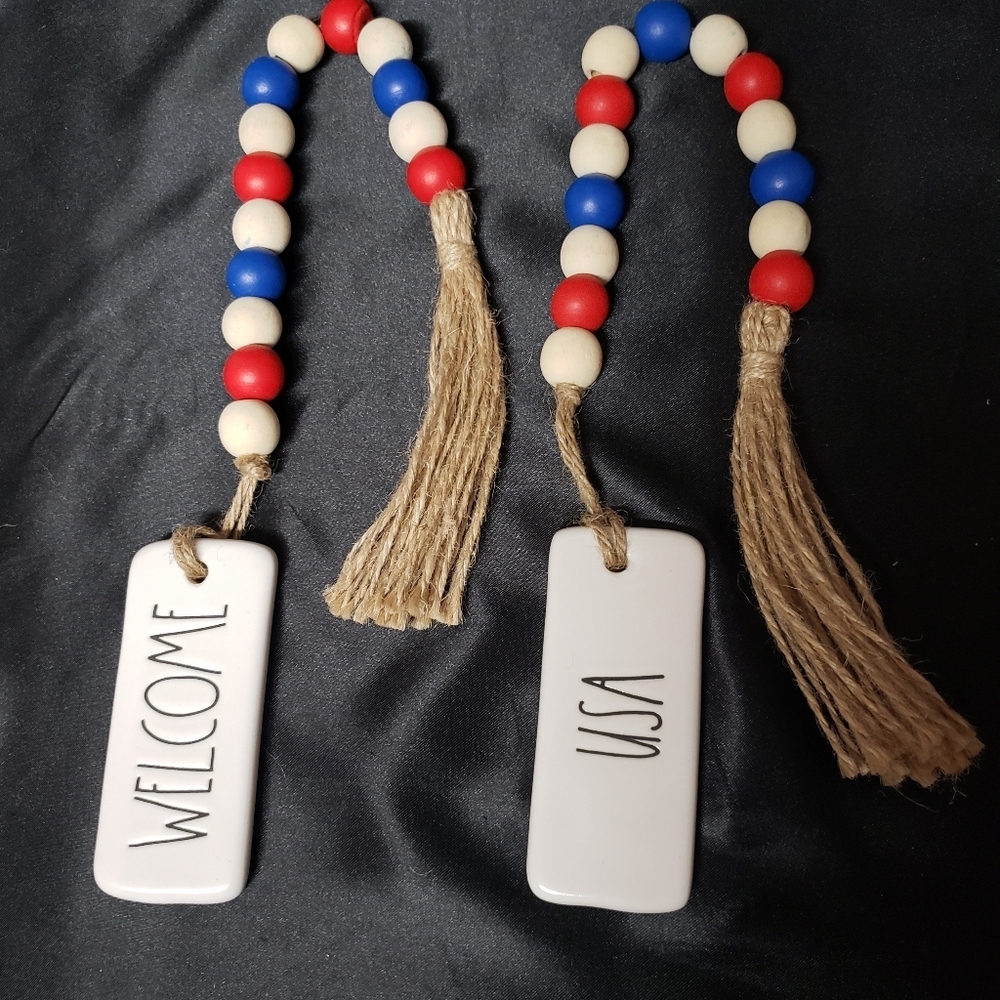Rae Dunn Set of 2 NWOT Patriotic Ceramic with Wood Beads Garlands